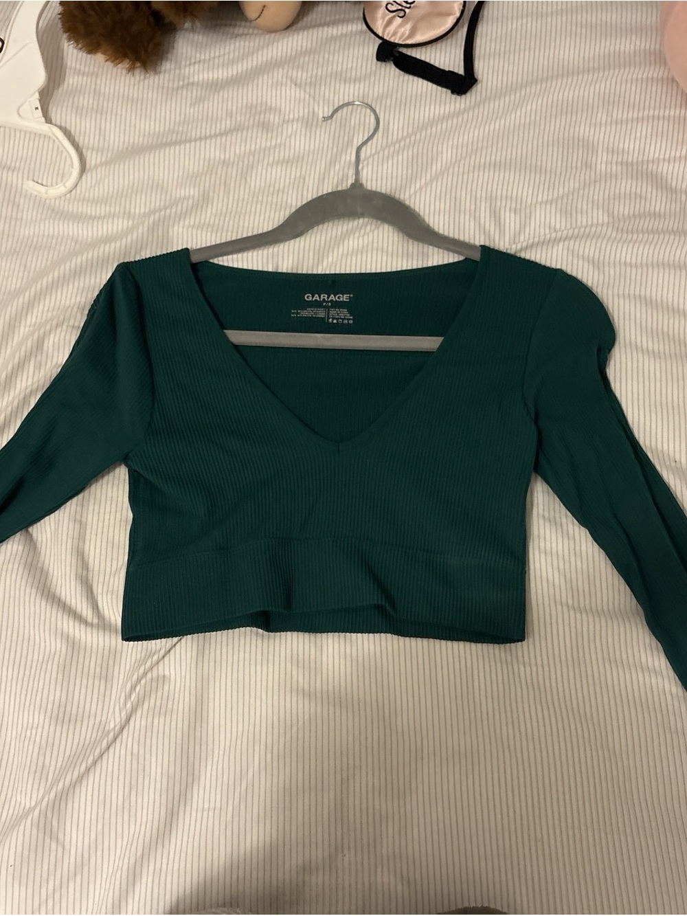 Garage Ribbed Deep V Long-Sleeve Crop Top - Teal Green